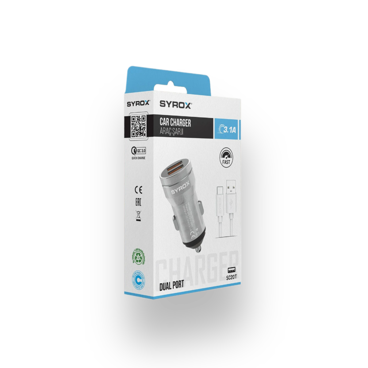 SC20T 3.1A Q.C. 3.0 1m USB-A to Type-C Cable 2xUSB-A Fast Car Charger - Gray Compatible